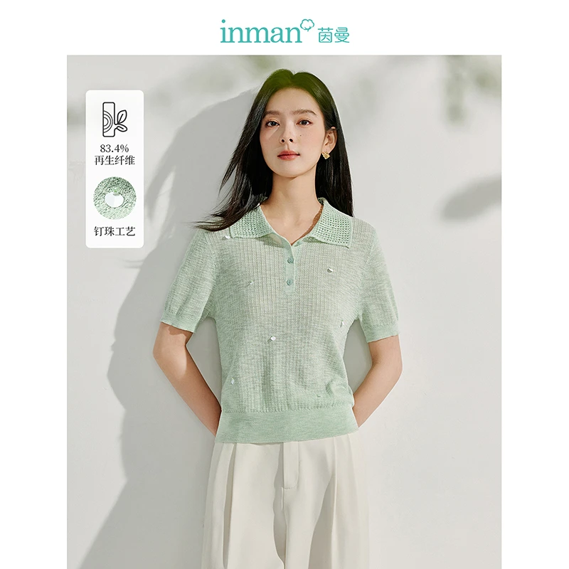 【欧若风新品】茵曼夏季松弛感镂空POLO领钉珠针织衫百搭短袖上衣女