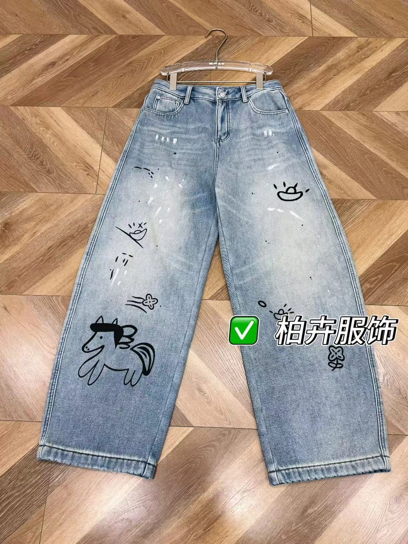 【柏卉服饰】马上发财元宝加绒牛仔裤