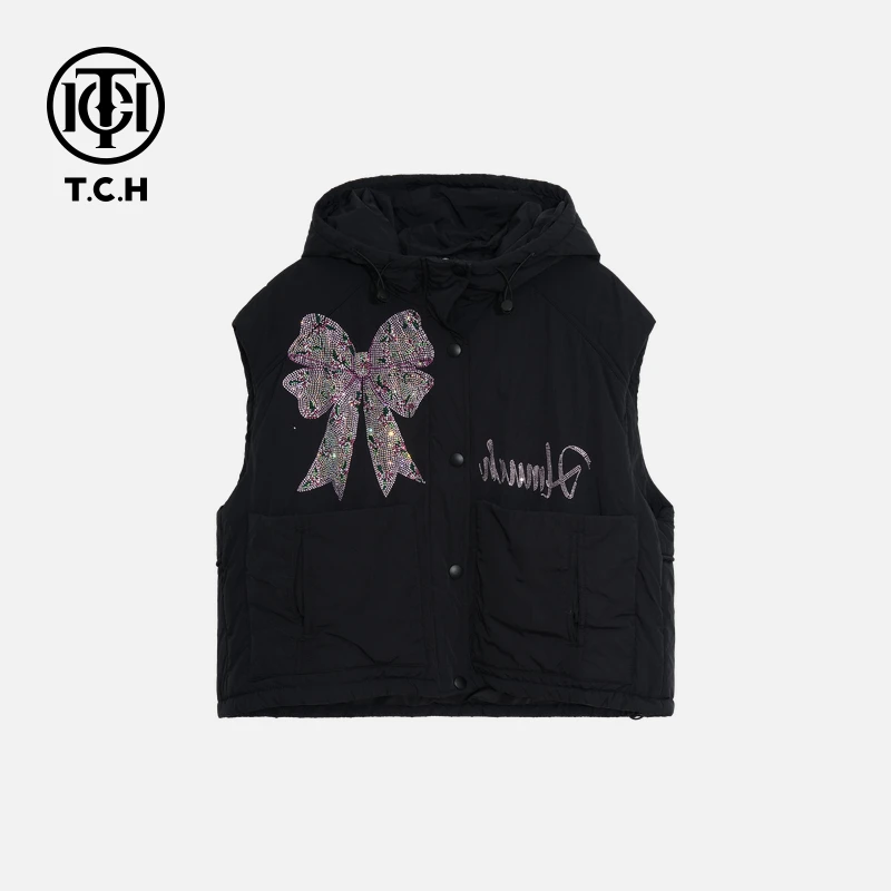 TCH私服秋款时尚休闲风烫钻淑女黑色棉马甲T75C26E5000轻奢tch