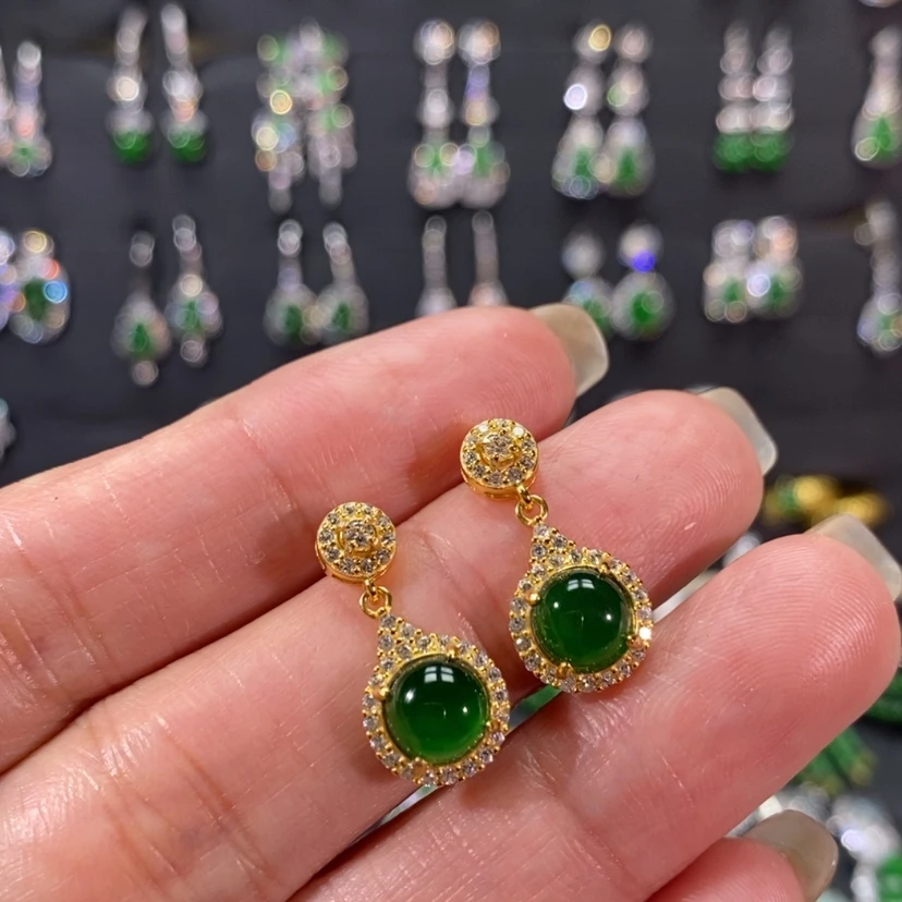 【闪购商品】翡翠耳饰银S925镀金镶嵌
