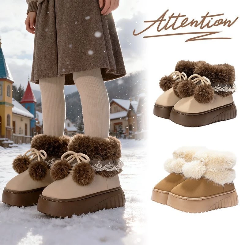 猫力厚底雪地靴女士秋冬季2025新款加绒保暖百搭时尚毛球防滑棉鞋