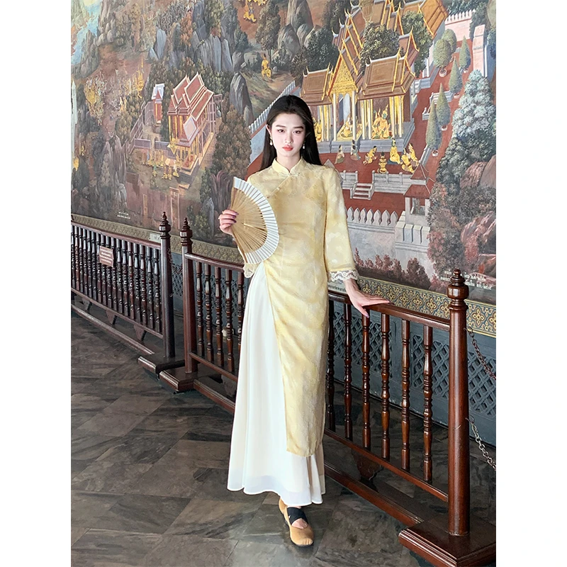 凌茜【挽春归】新中式烧花改良旗袍春夏高开叉蕾丝拼接连衣裙两件套