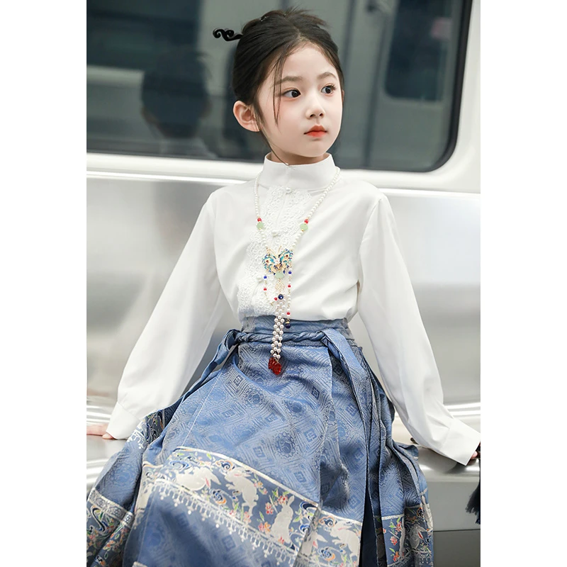马面裙女童上衣珍珠对襟长袖小女孩搭配国潮马面裙衬衫儿童中国风