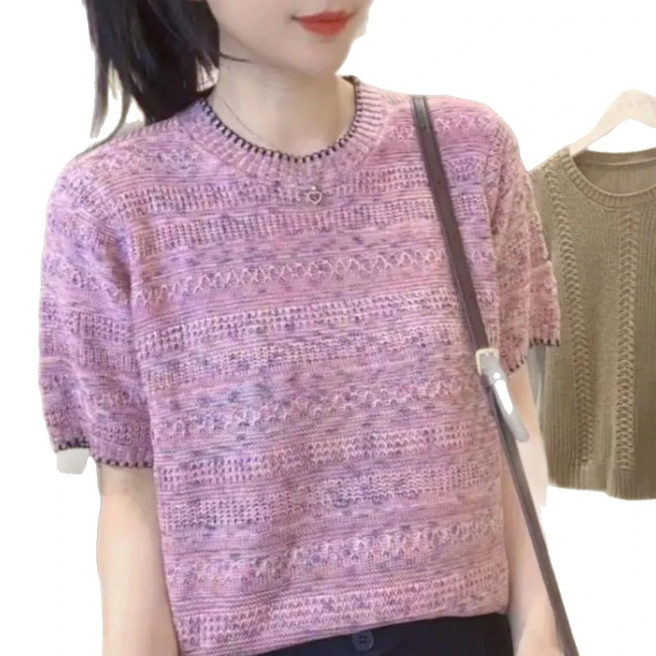 洋气新款短袖夏季宽松显瘦减龄百搭上衣女镂空勾花圆领针织衫女装