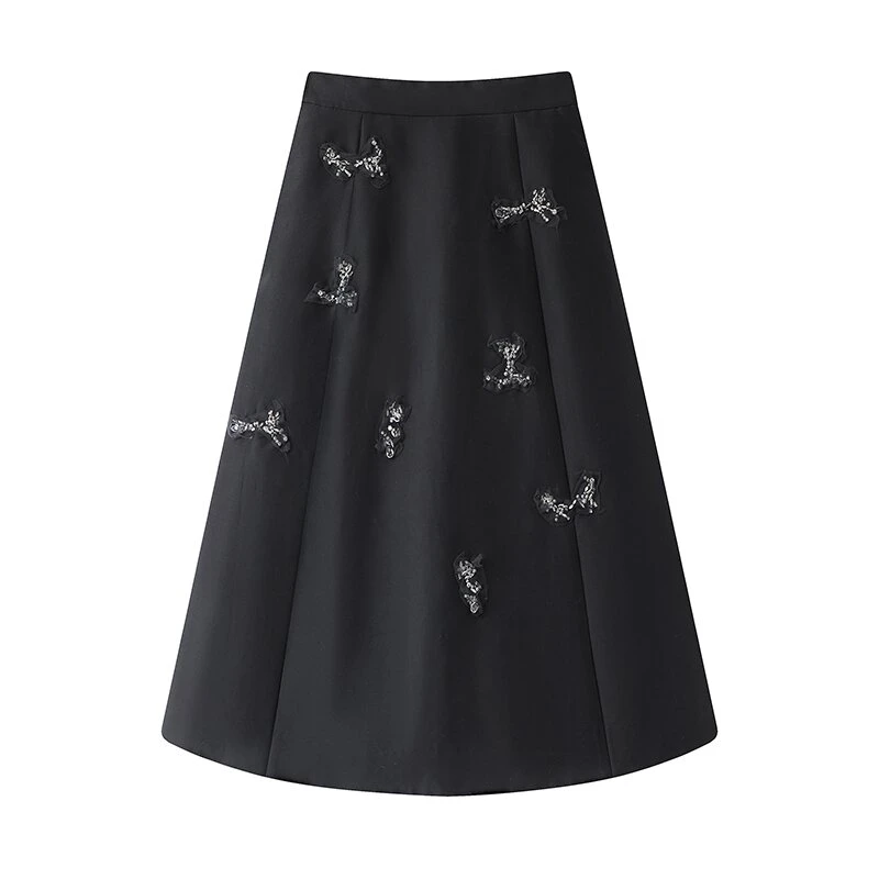 秋冬季女士小狗图案钉珠黑色半身裙显瘦钉珠高腰复古伞裙中长裙子