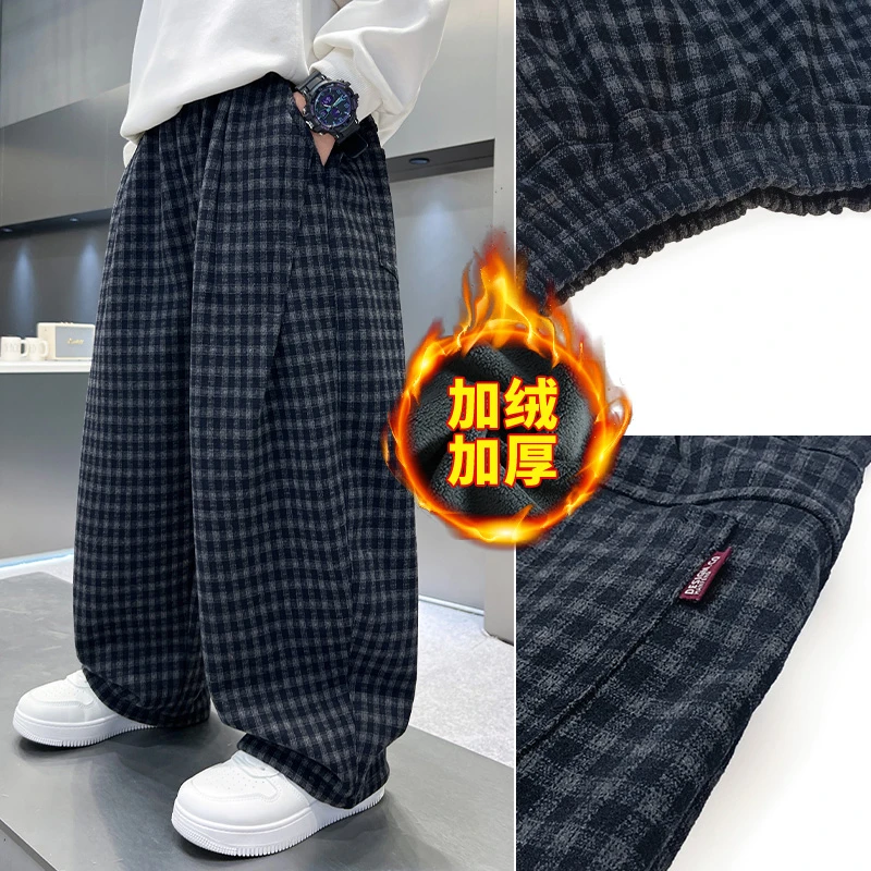 2025冬季新款时尚休闲加绒格子一体奥利绒男童弯刀裤休闲格子裤