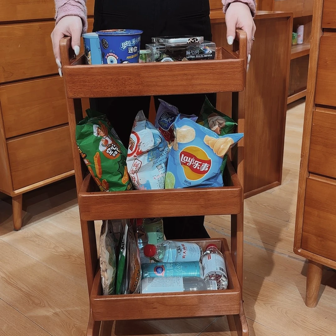 木（非红木类）实木置物架带轮可移动小推车樱桃木色