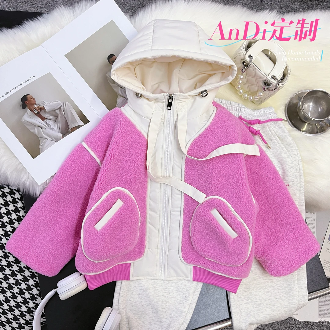 〖ANDI〗订制秋冬新款中大童女童洋气拼接口袋夹棉外套3165