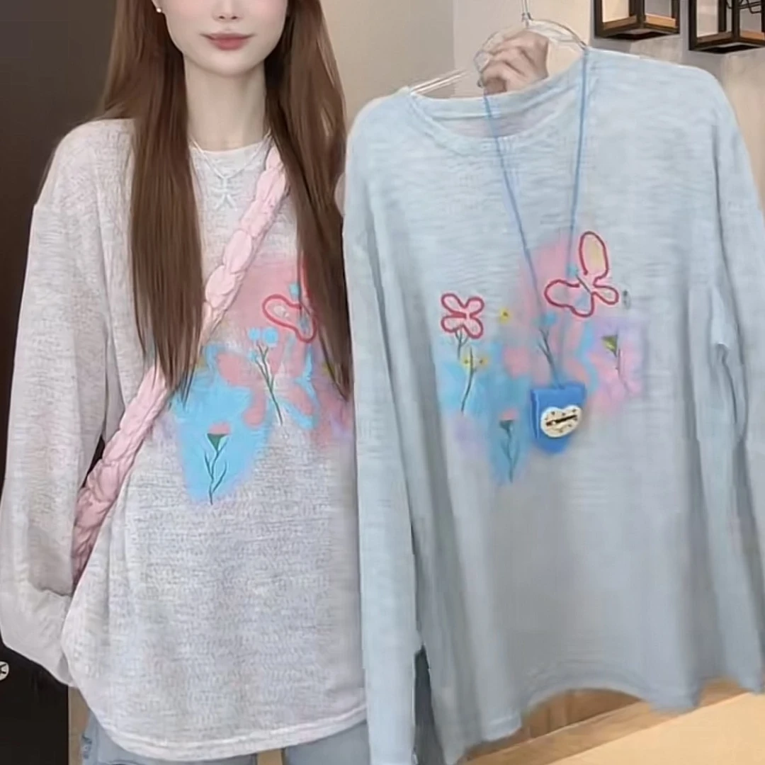 【运补6-8元】设计感立体印花蝴蝶长袖T恤宽松显瘦休闲百搭防晒上衣