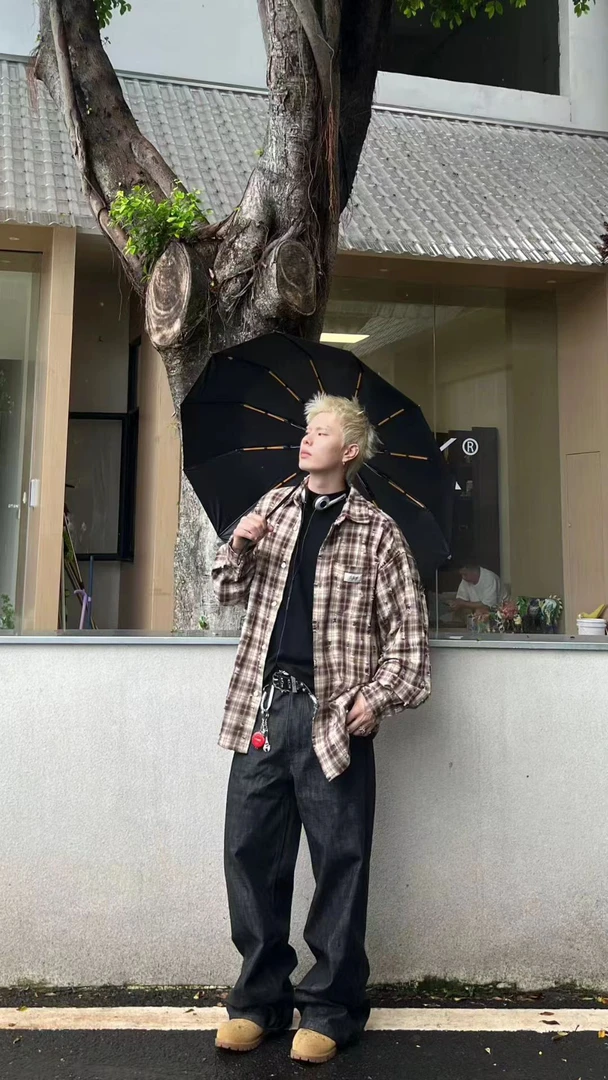 重工刺绣覆刻复古时尚男女纯棉格子牛仔长袖衬衫秋季休闲韩版衬衣