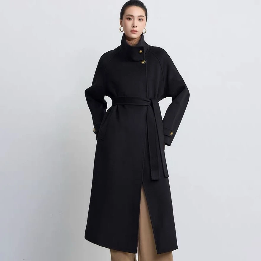 【T】边芙卡高领手工毛呢外套长款羊毛大衣韩版宽松女680967-XIN