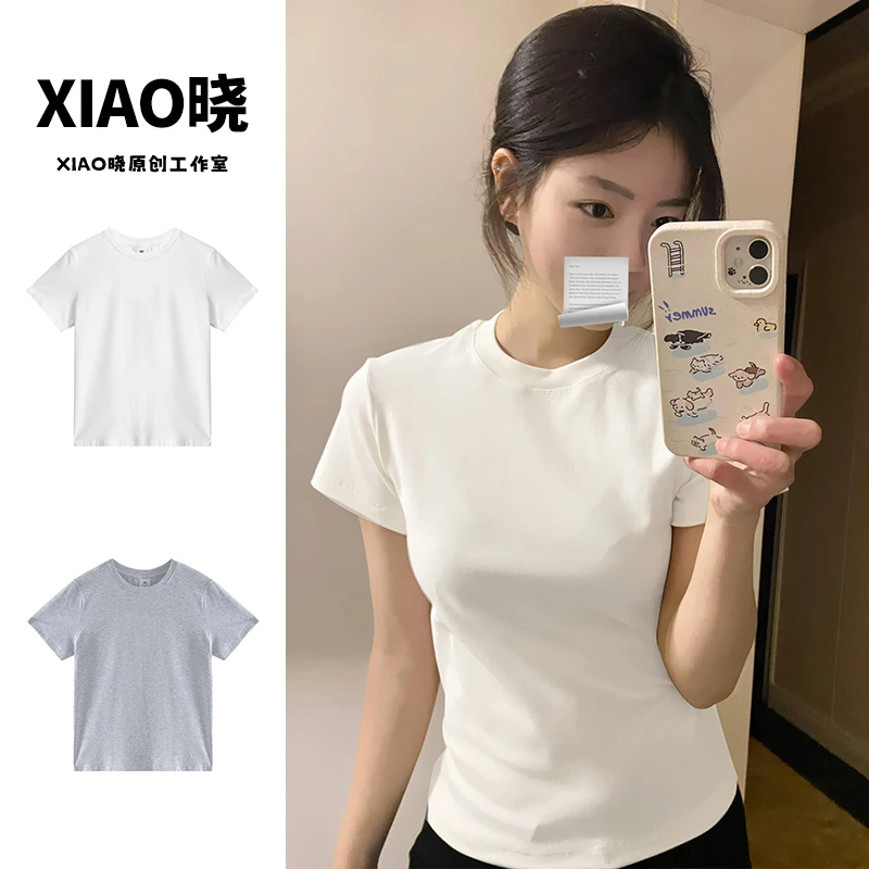 美式夏季T恤圆领短袖2025新款显瘦修身纯欲百搭ins纯色上衣