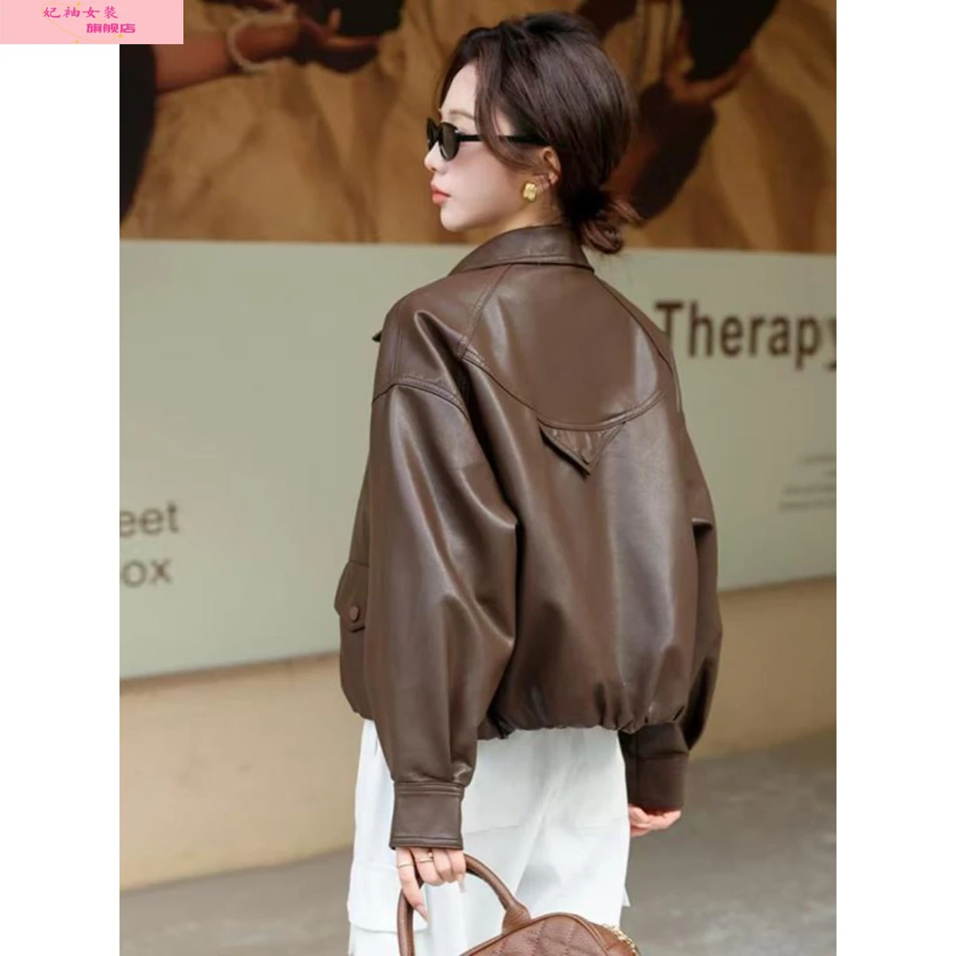 妃袖咖色皮衣外套女今年流行秋冬宽松美式覆古2025新款宽松休闲皮