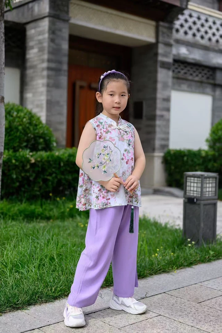 女童童装夏季中国风套装薄款阔腿休闲套头碎花棉绸时尚夏款