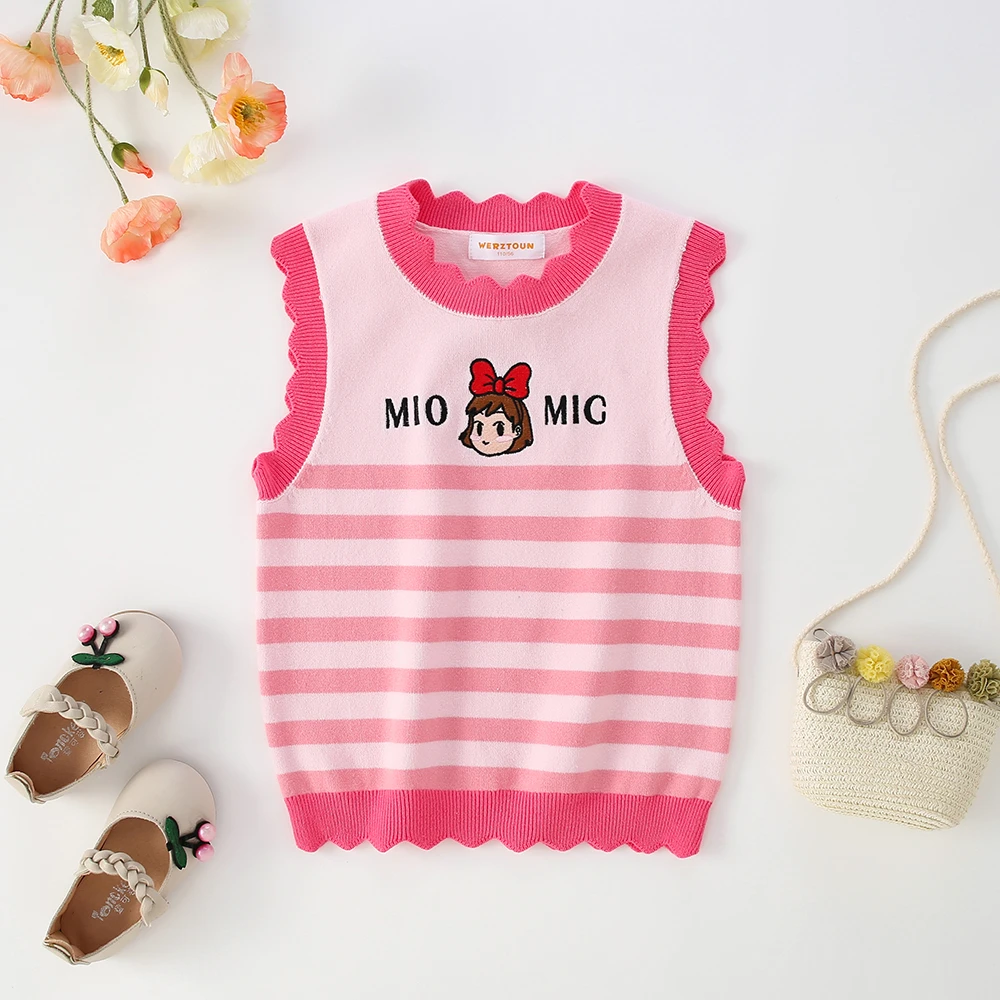 【天然棉】2025春季圆领新款女童针织儿童可爱条纹宝宝打底无袖