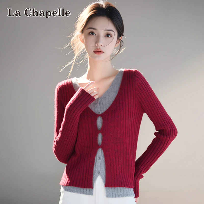 拉夏贝尔韩版撞色假两件V领针织衫女秋冬新款设计感修身短款毛衣