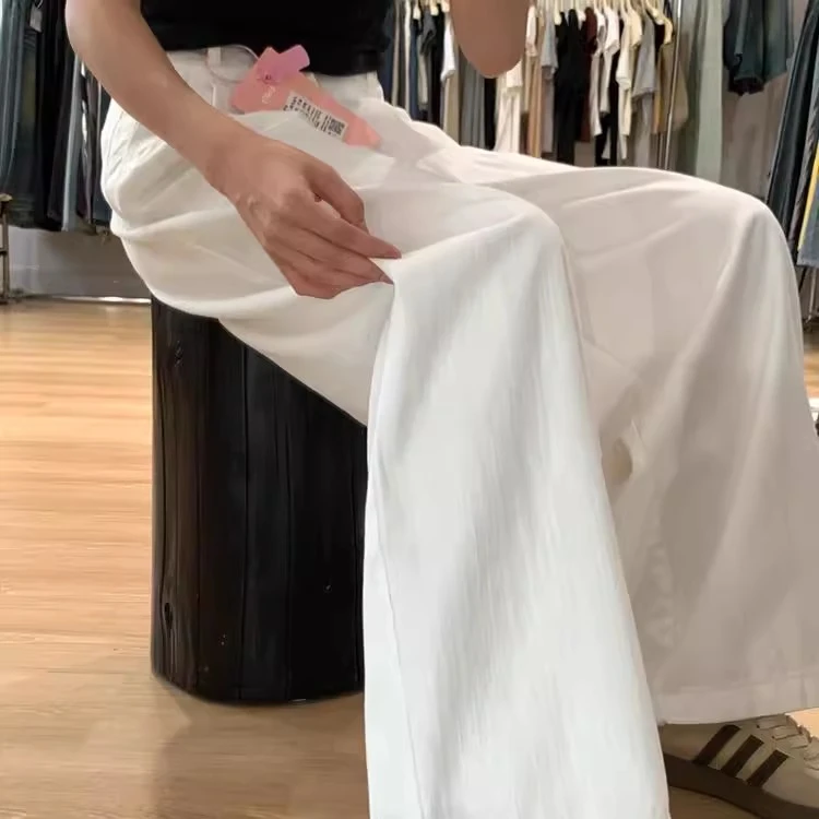 2025好质量白色褶皱纹理阔腿裤女秋季高腰宽松显瘦垂感直筒拖地