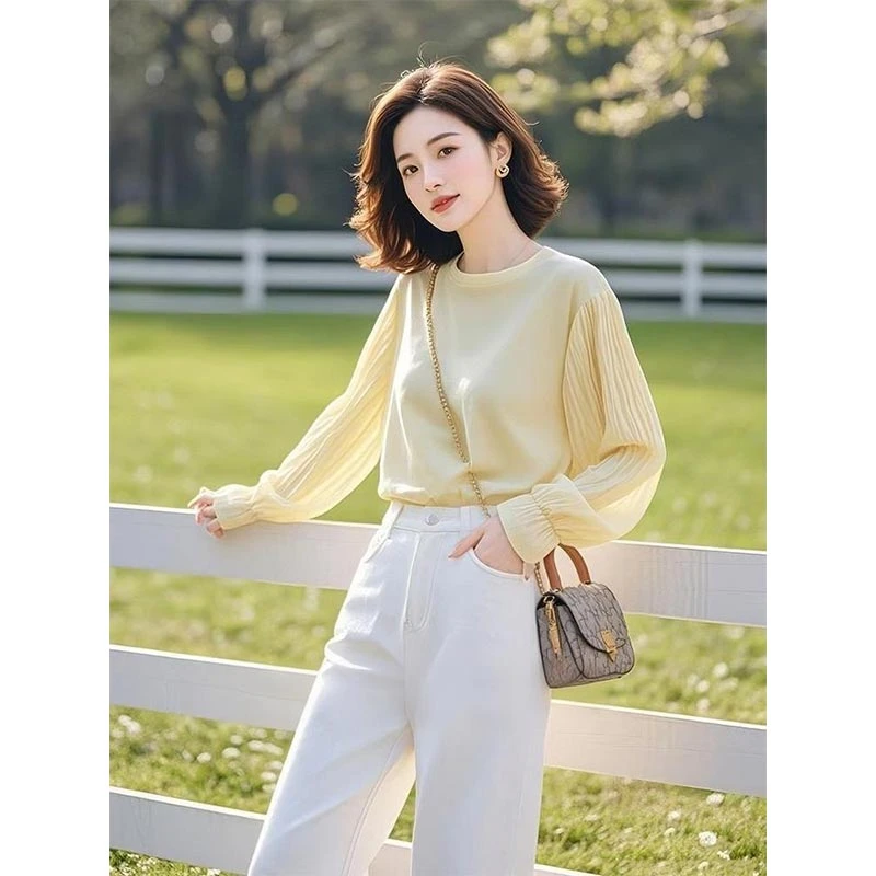2025夏季韩式新款不装款鹅黄色设计感宽松长袖上衣女简约风雪纺衫