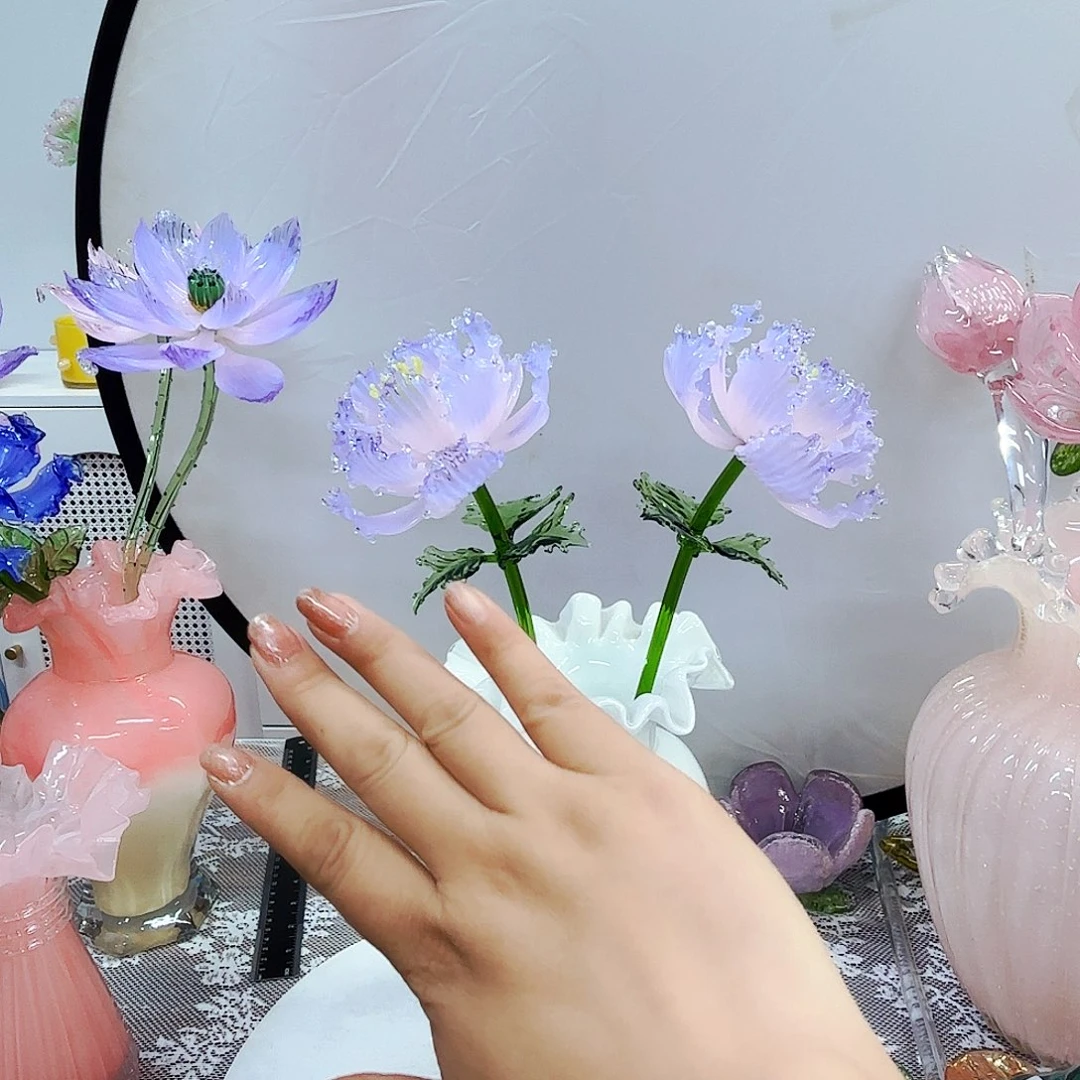 两朵牡丹琉璃花瓶花器艺术品