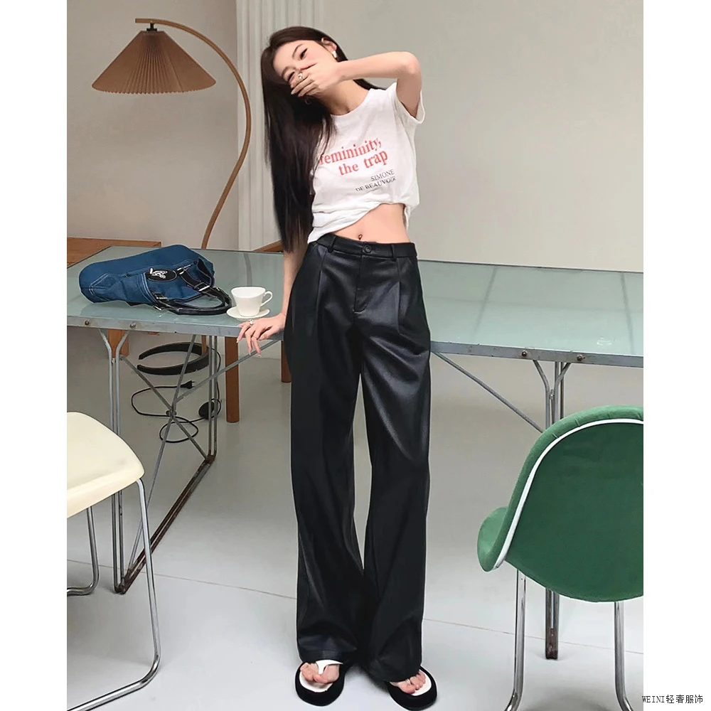 2025秋冬爆款女士低腰百搭显瘦黑色PU皮阔腿直筒休闲超火长裤