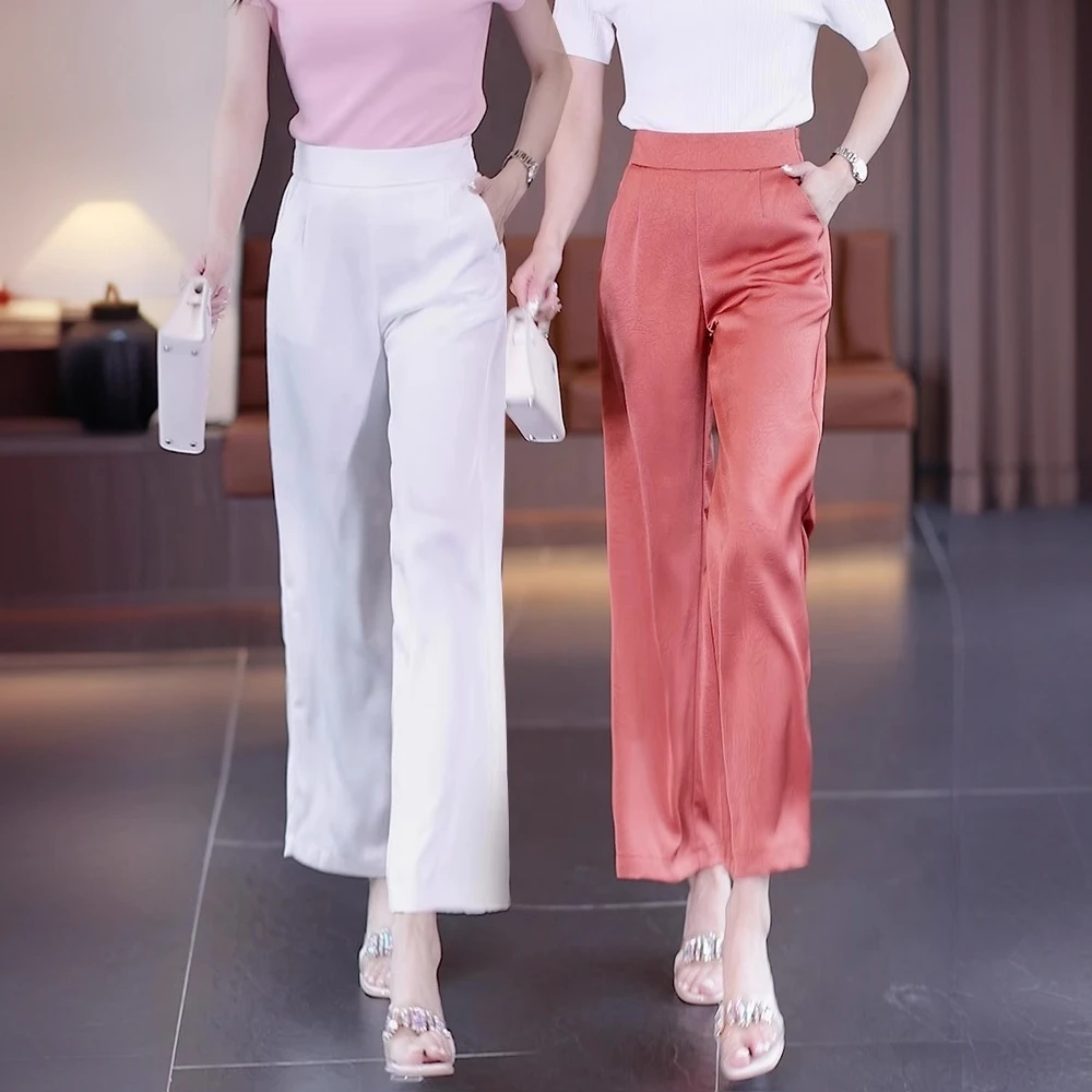 缎面阔腿裤女夏季薄款2025新款高腰宽松新中式垂感九分冰丝直筒裤