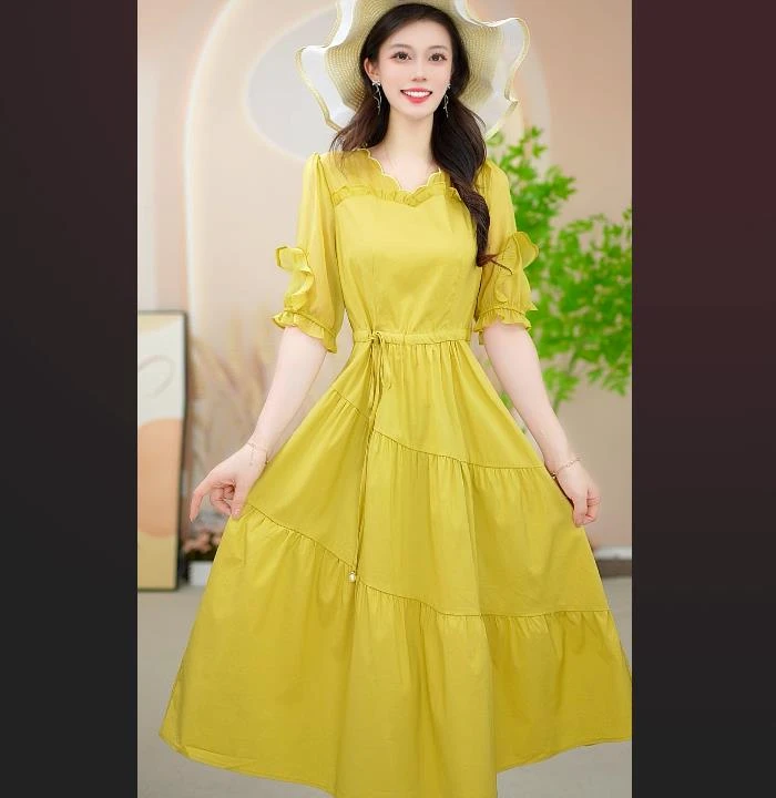 柠檬黄收腰连衣裙夏季女装高腰显瘦泡泡袖裙子不规则领型C0099