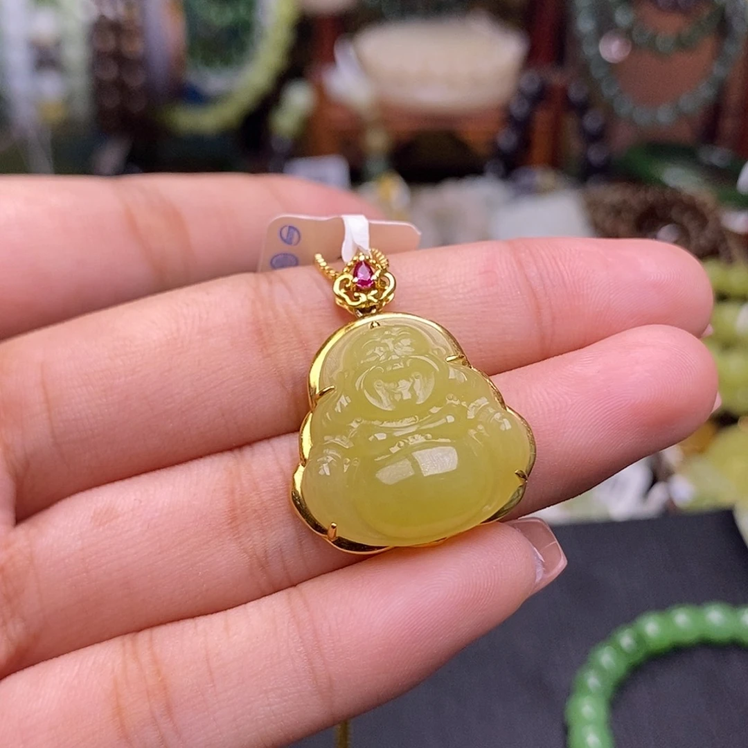 霸****手链未镶嵌和田玉黄口鸡油黄若羌金镶佛公