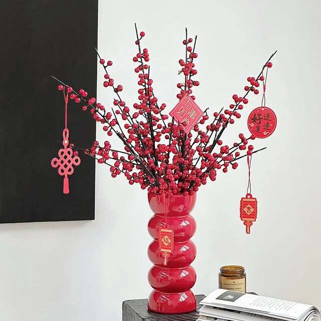 乔迁搬家装饰摆件冬青红果发财果客厅玄关氛围布置家用彷真花摆设