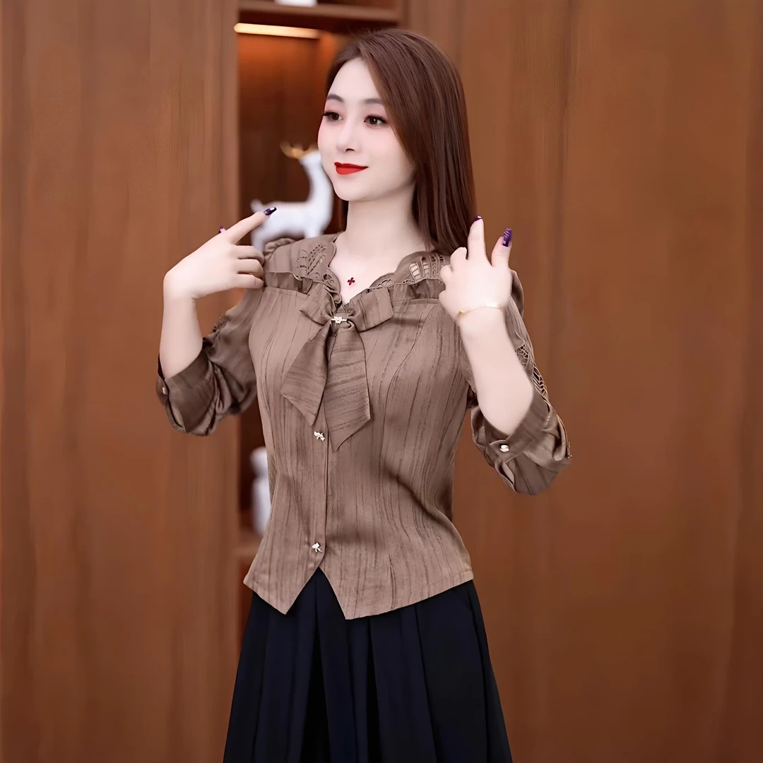 爆款高定气质小众上衣修身春夏季短款小衫女士时尚洋气七分袖衬衫