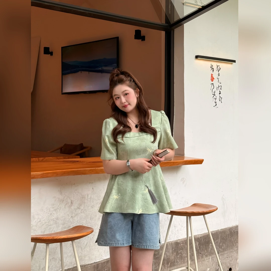 楠序微胖女装 遮肚子显瘦新中式上衣女夏季正肩短袖T恤女YZ36377