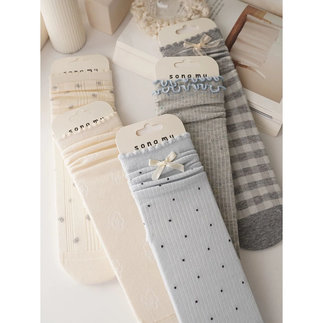 奶里奶气~甜系少女灰蓝色系~无骨袜子女中筒花边堆堆袜夏季薄款M