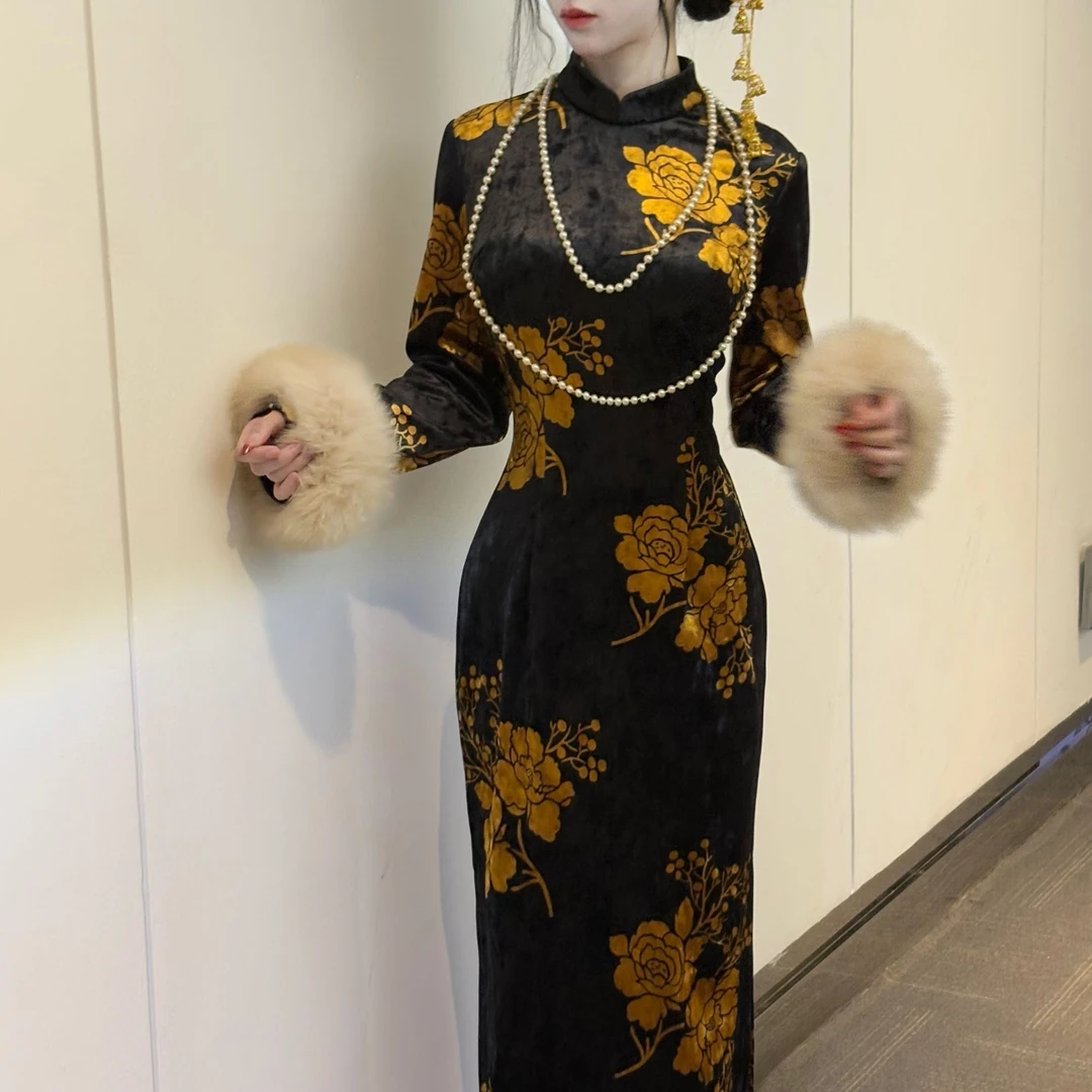 LHMknk1画报夫人原创自制秋冬厚款丝绒金色旗袍连衣裙 炸街金花