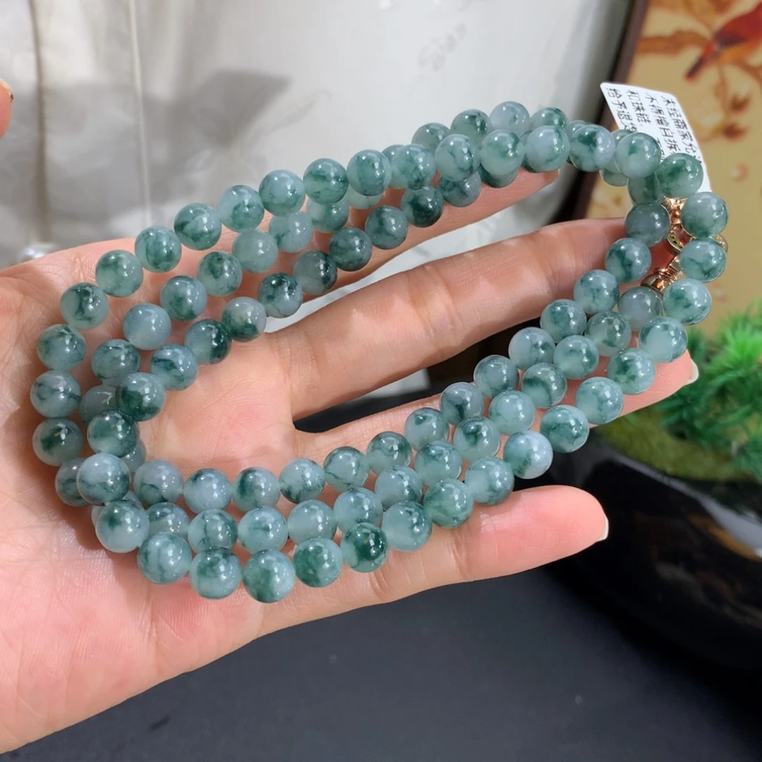 翡翠未镶嵌手串卡7胶润蓝飘花项链