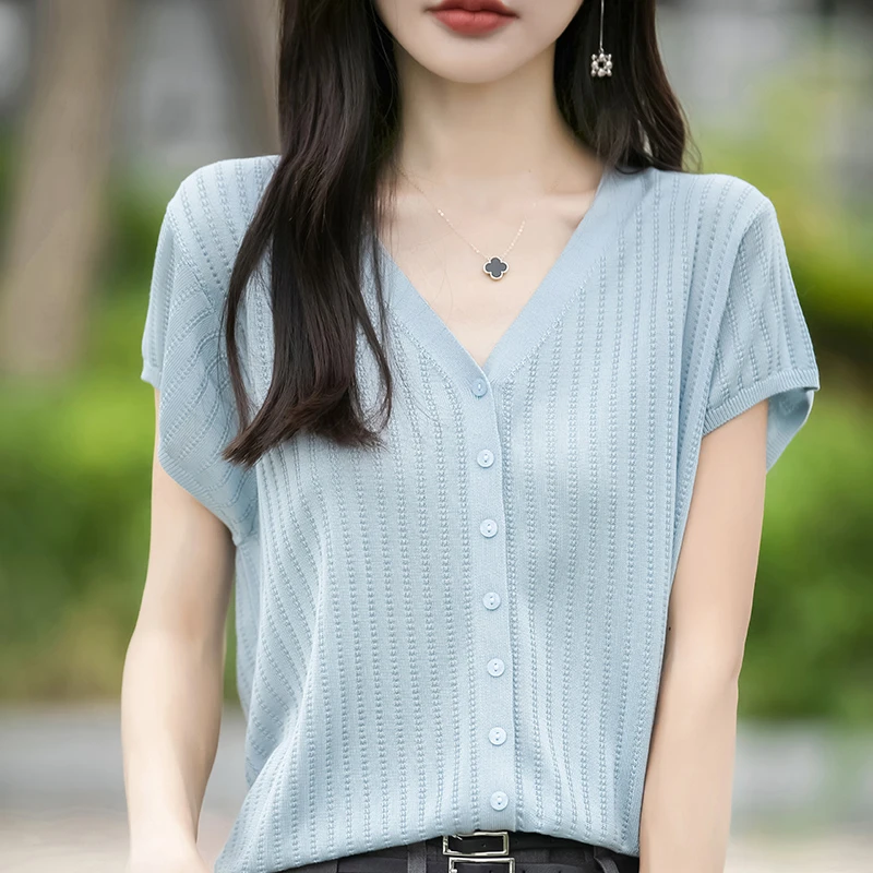 凉快~~新款V领莱赛尔天丝亚麻开衫防晒短袖