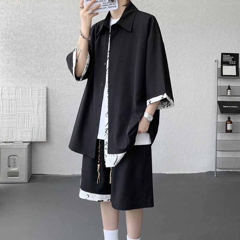 国风书法道袍套装男士夏季穿搭一整套汉服加肥加大码男装两件套潮