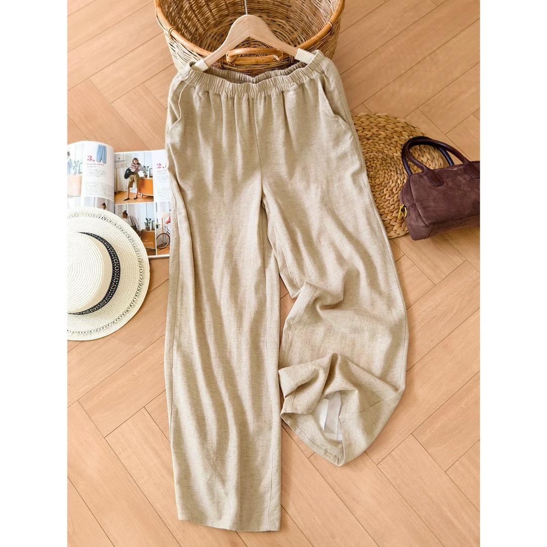 苏小姐出品 柔软亲肤透气棉麻休闲宽松日常百搭松紧腰有内衬麻裤