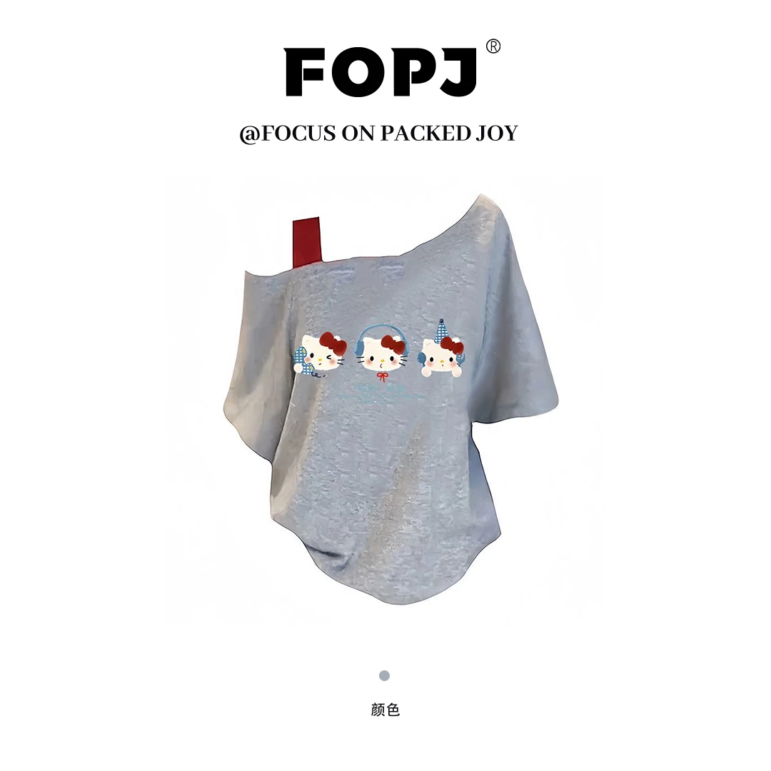 FOPJ夏季吊带斜肩短袖女辣妹纯欲风设计感露肩时尚显瘦t恤上衣ins