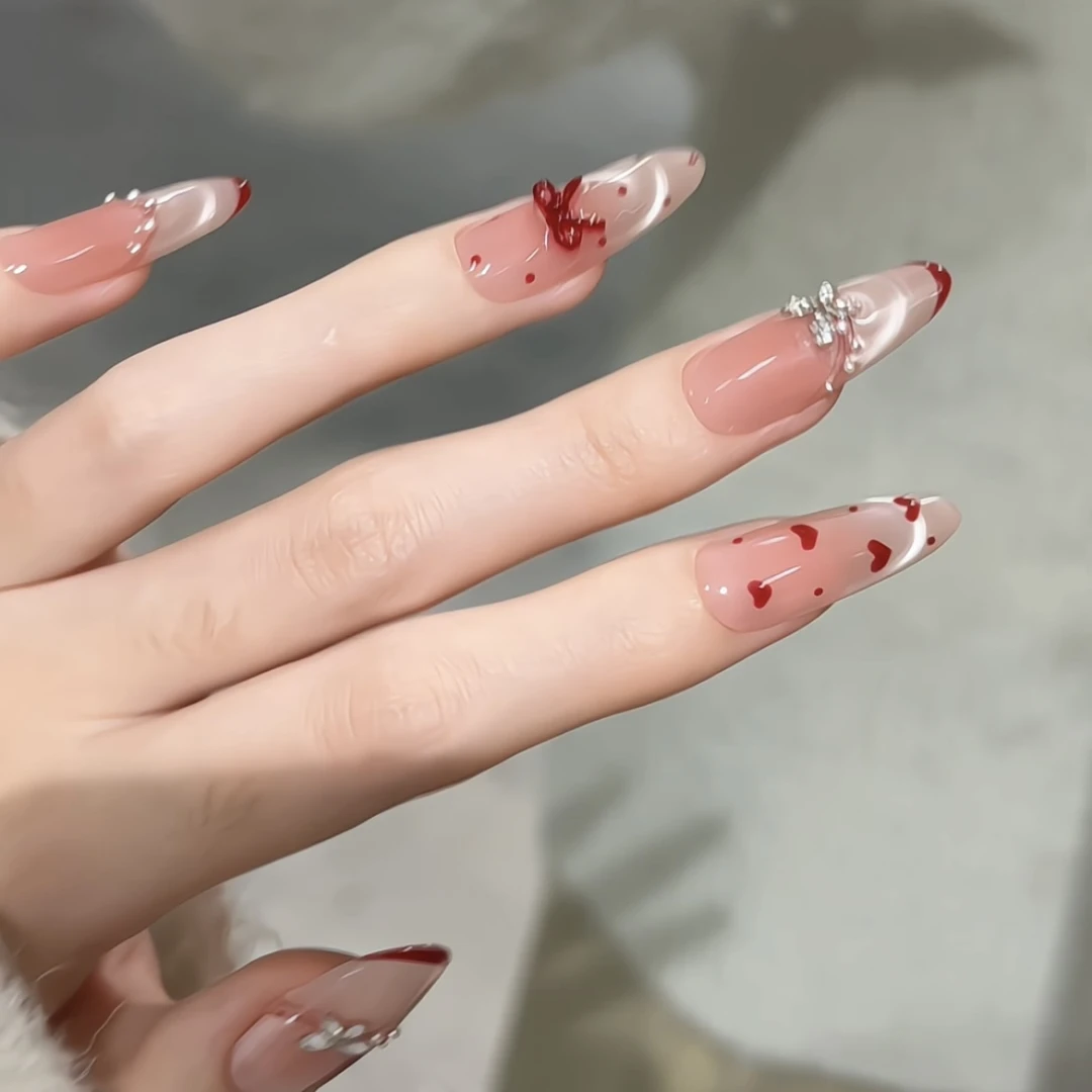 【玫心蝶语】纯手工穿戴甲温柔猫眼法式波点蝴蝶结显白气质美甲贴片