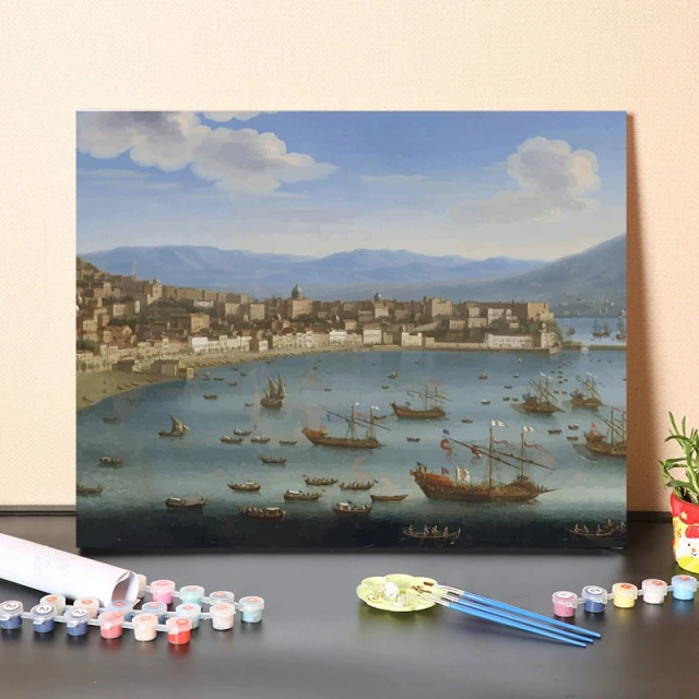 数字油画diy填充西班牙普拉多美术馆典藏名画河流船只涂色装饰画