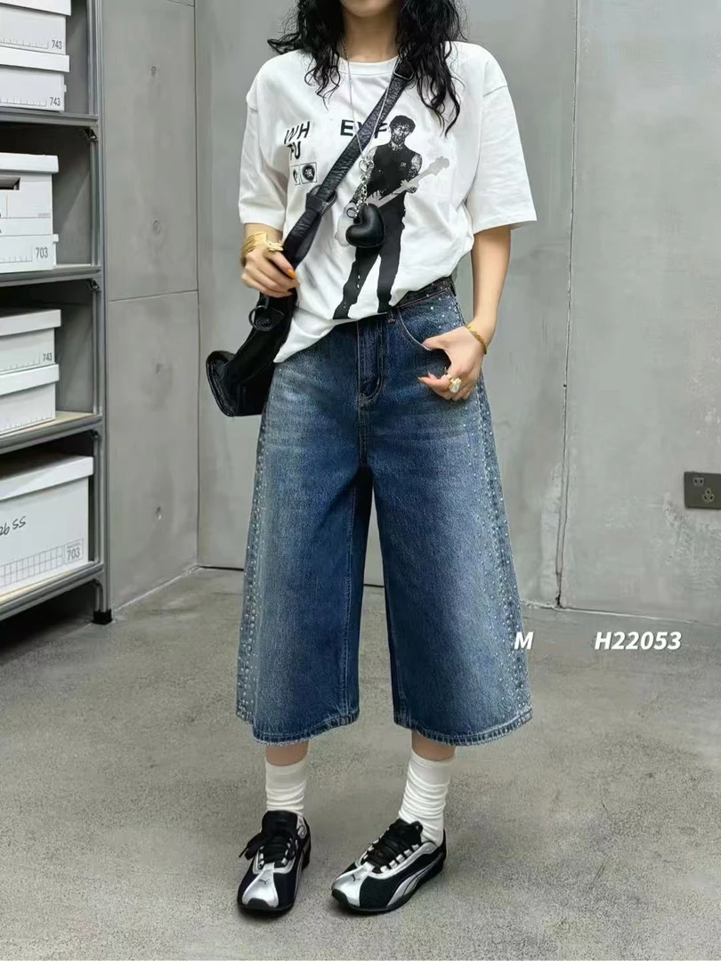 【22053】糖#设计感铆钉直筒宽松牛仔裤