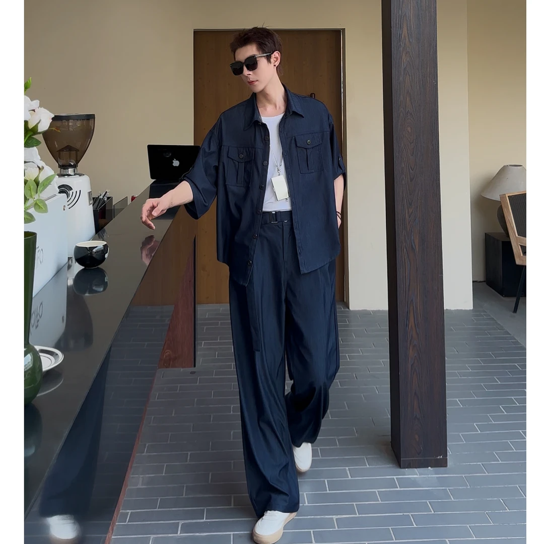 冰丝痞帅衬衫男装套装时尚宽松软牛仔套装夏季薄款短袖两件套