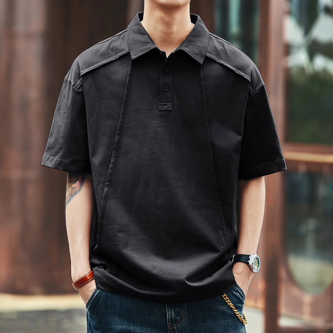 格蓝鹿高端日系复古解构纯棉短袖polo衫男宽松夏季新款时尚版型t
