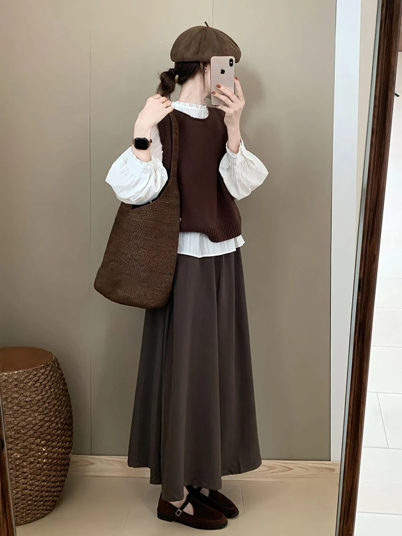 2025秋季美拉德穿搭一整套轻奢高级感巨好看减龄棕色马甲衬衫套装