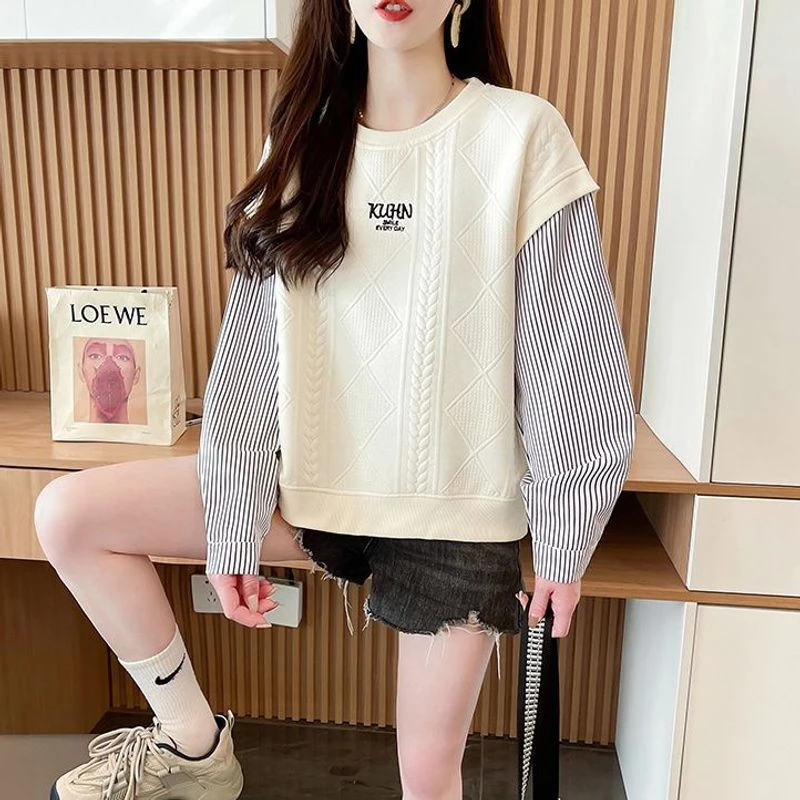 学院风假两件圆领薄款卫衣女春秋新款韩版宽松百搭显瘦个性上衣潮