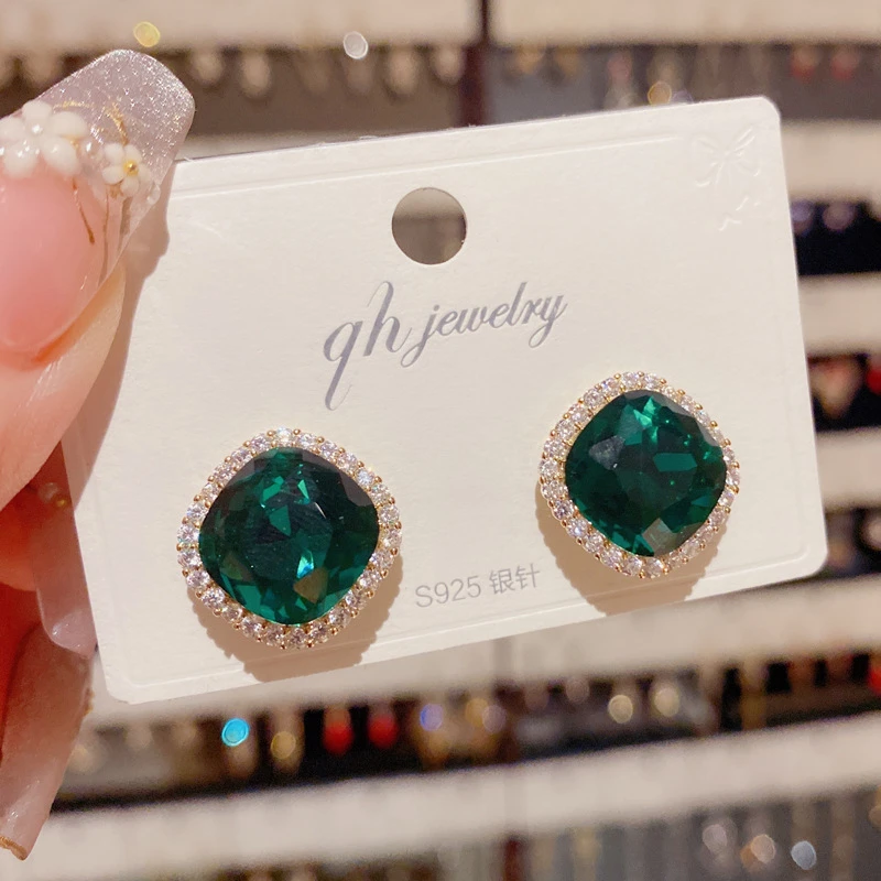 韩国气质方块蓝色水晶耳环轻奢复古港风E3421-B