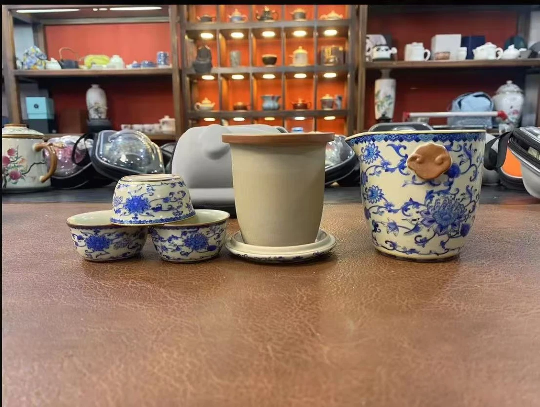 青花汝窑缠枝莲一壶三杯茶水分离户外旅行茶具便携式-ZH1046