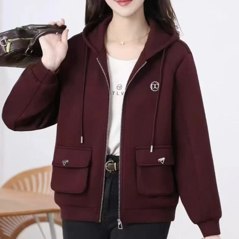 时尚妈妈装连帽短款外套春秋新款宽松洋气减龄中老年上衣