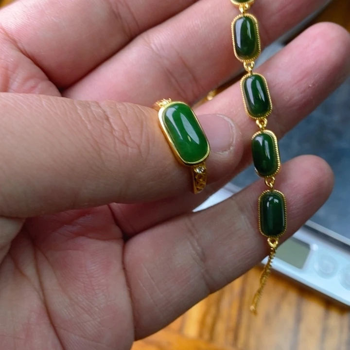 和田玉（碧玉）手链银S925镀金镶嵌
