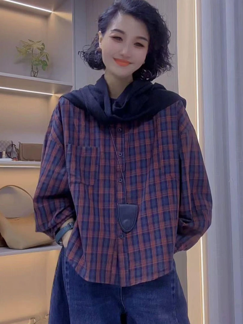 慵懒风格子长袖衬衣女2025秋季新款文艺休闲百搭单排扣衬衫上衣潮