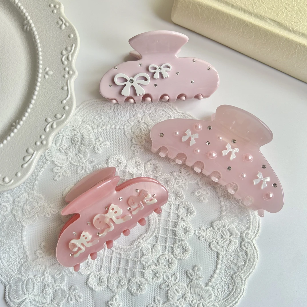 BB小蓝粉色系醋酸水钻立体蝴蝶结抓夹小众芭蕾风镶钻鲨鱼夹半扎